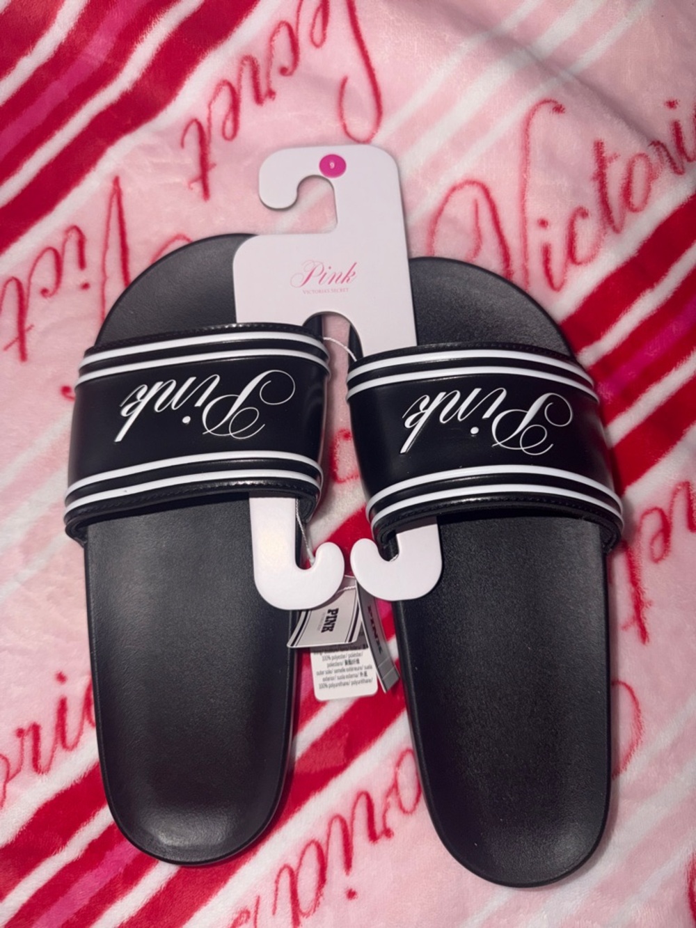 PINK Victoria's Secret Black Slide Sandals with White Logo